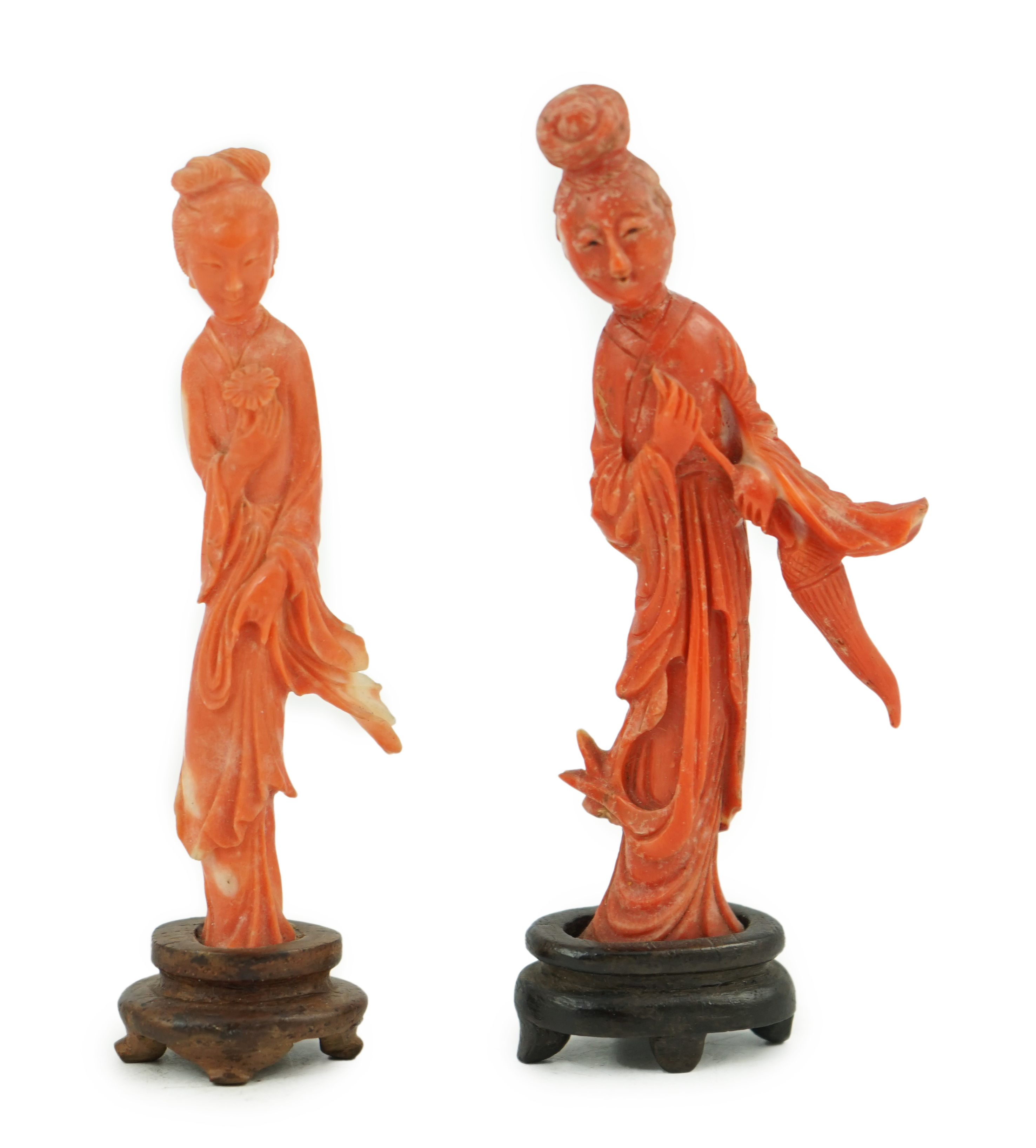 Two Chinese coral figures of ladies, early 20th century